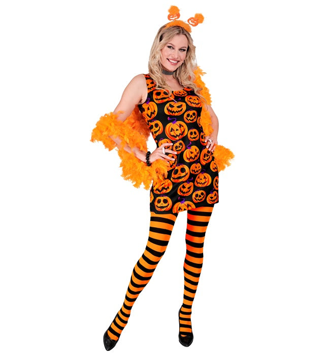 Kürbis Party Fashion Kleid in Orange mit schwarzem Muster für Fasnacht und Karneval