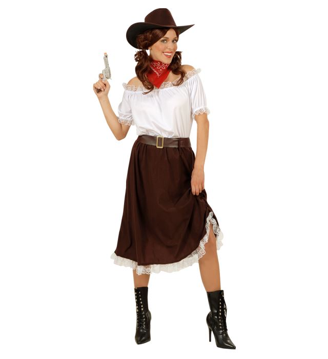Cowgirl Kostüm Set mit Bluse, Rock, Gürtel und Hut für Fasnacht