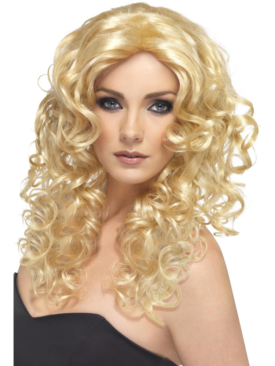 Smiffys blonde lange lockige Glamour-Peruecke fuer Damen – Detailansicht