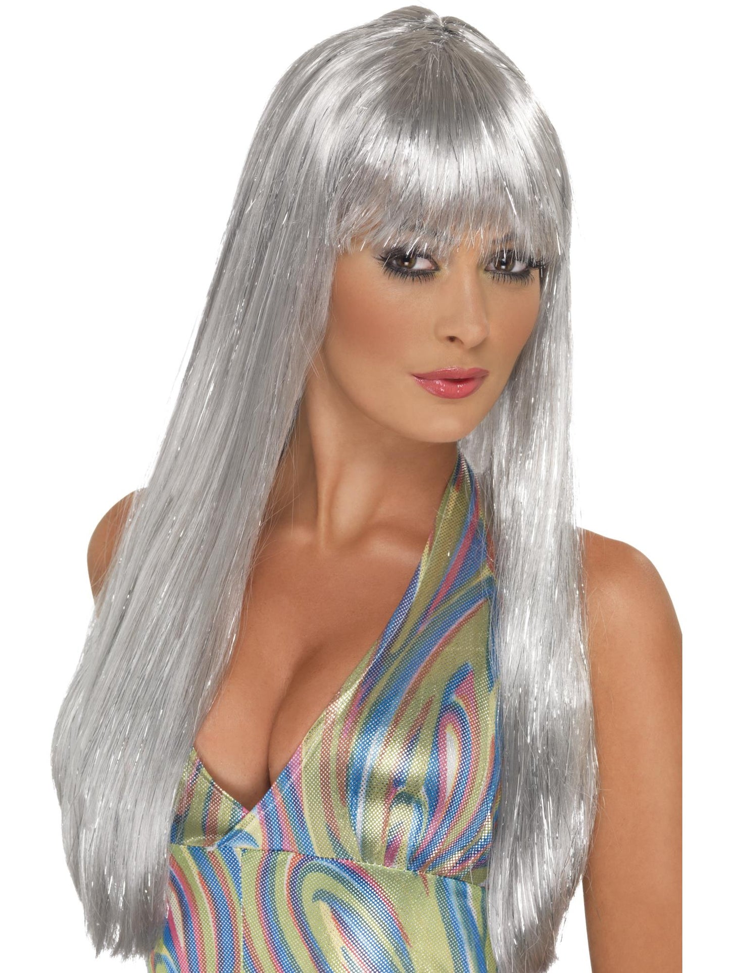 Smiffys Glitter Disco Wig, Silver für Damen