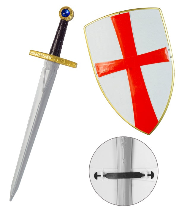 Weißes Kreuzritter Schild und Schwert Set für Fasnacht und Karneval