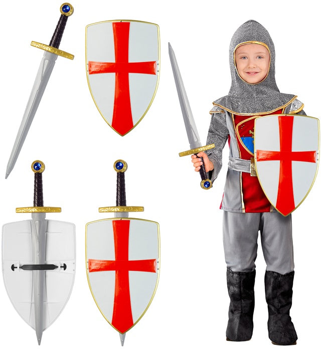 Weißes Kreuzritter Schild und Schwert Set für Fasnacht und Karneval