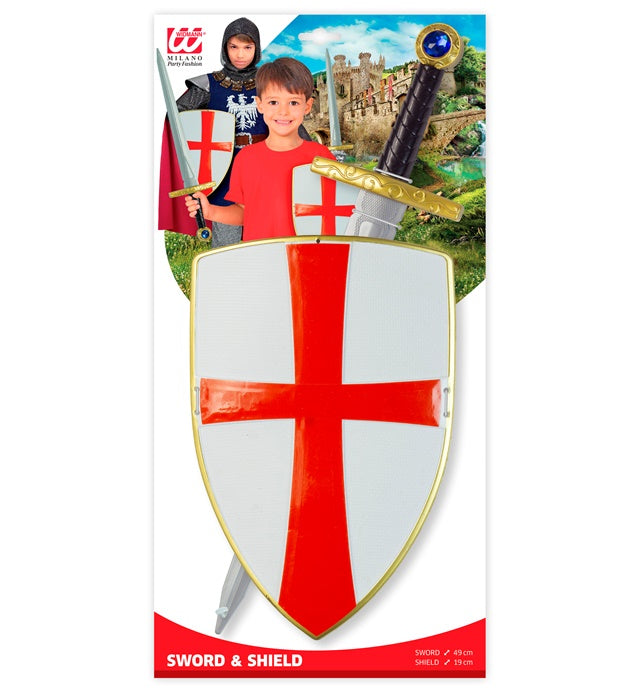 Weißes Kreuzritter Schild und Schwert Set für Fasnacht und Karneval