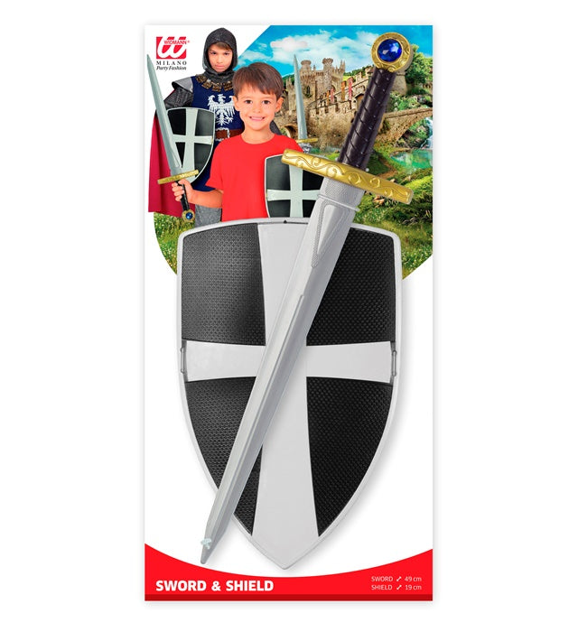 Schwarzes Kreuzritter Schild und Schwert Set mit 49 cm Schwert und 19 cm Schild