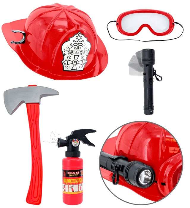 Feuerwehrmann Kostüm Set mit Helm, taktischer Brille, Axt und Feuerlöscher