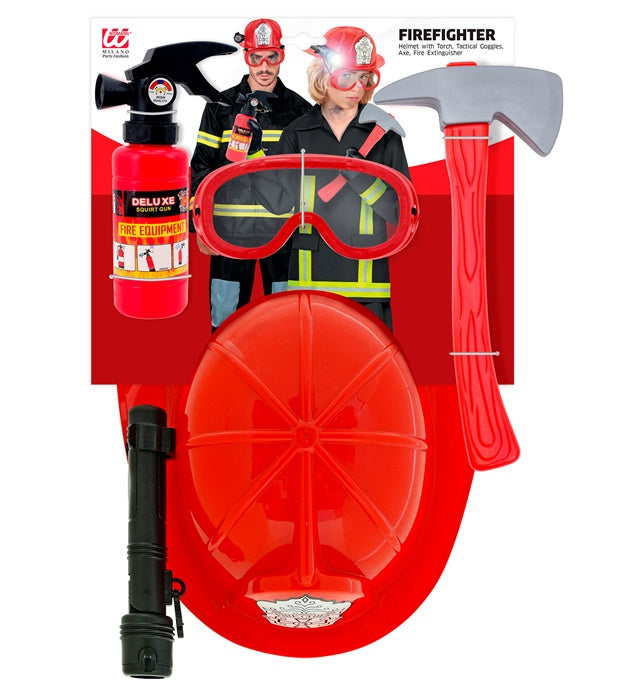 Feuerwehrmann Kostüm Set mit Helm, taktischer Brille, Axt und Feuerlöscher