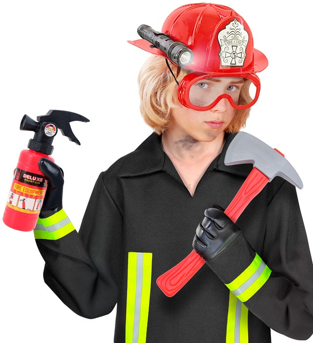 Feuerwehrmann Kostüm Set mit Helm, taktischer Brille, Axt und Feuerlöscher