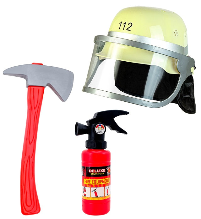 Feuerwehrmann Set mit Helm, Axt und Feuerlöscher für Fasnacht