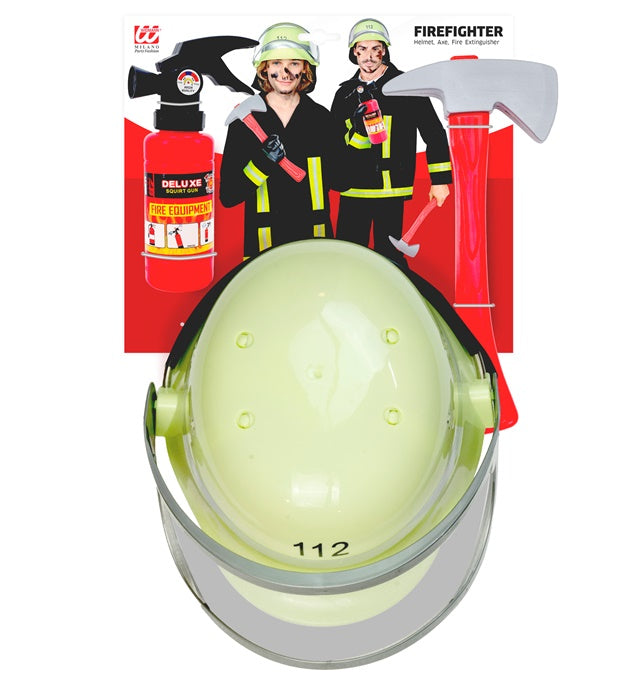 Feuerwehrmann Set mit Helm, Axt und Feuerlöscher für Fasnacht