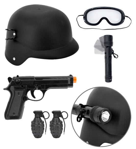S.W.A.T. Set Helm mit taktischer Brille und Taschenlampe, Pistole, 2 Handbomben