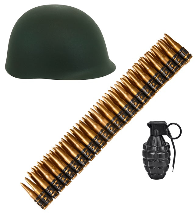 Militärset mit Helm, Gürtel mit Kugeln und Handbombe für Fasnacht
