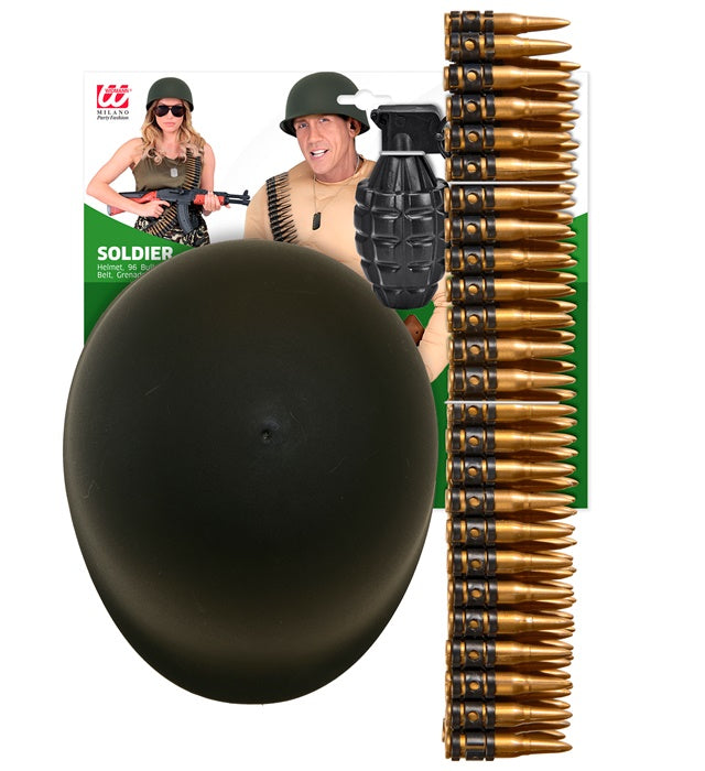 Militärset mit Helm, Gürtel mit Kugeln und Handbombe für Fasnacht