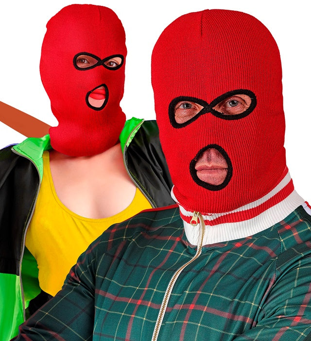 Rote Balaclava Maske als Kostümzubehör für Fasnacht und Halloween