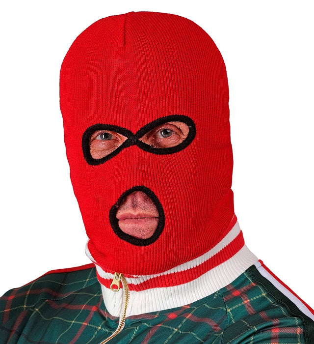 Rote Balaclava Maske als Kostümzubehör für Fasnacht und Halloween