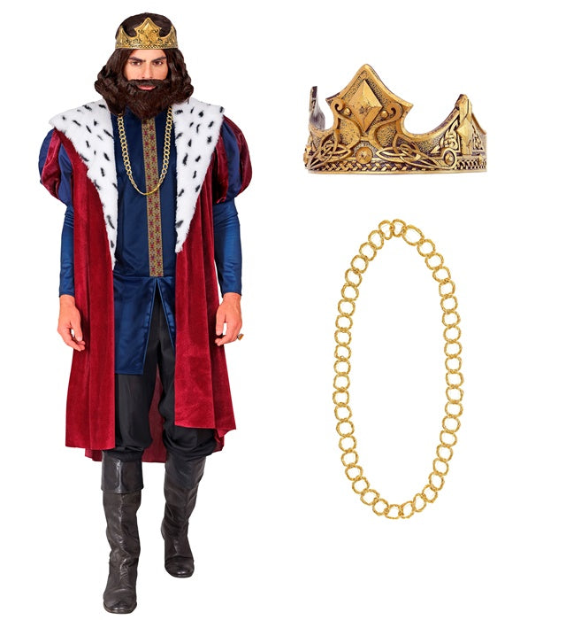 Königs-Kostüm mit Jacke, ärmellosem Mantel, Kette und Krone für Fasnacht