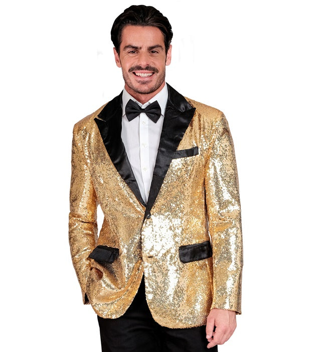 Goldfarbenes Pailletten-Jackett mit Satinkragen und satinierten Taschen