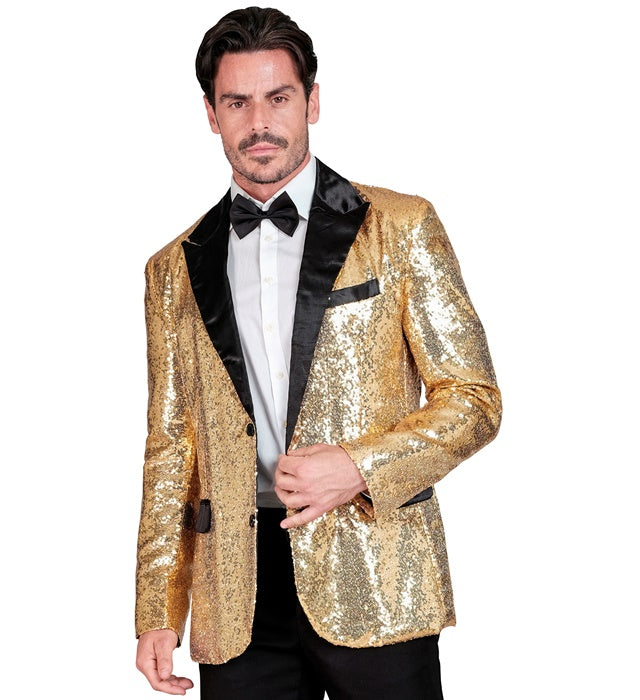 Goldfarbenes Pailletten-Jackett mit Satinkragen und satinierten Taschen