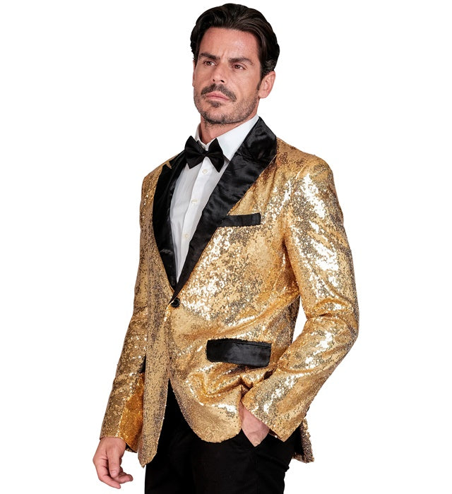 Goldfarbenes Pailletten-Jackett mit Satinkragen und satinierten Taschen