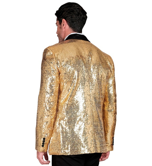 Goldfarbenes Pailletten-Jackett mit Satinkragen und satinierten Taschen