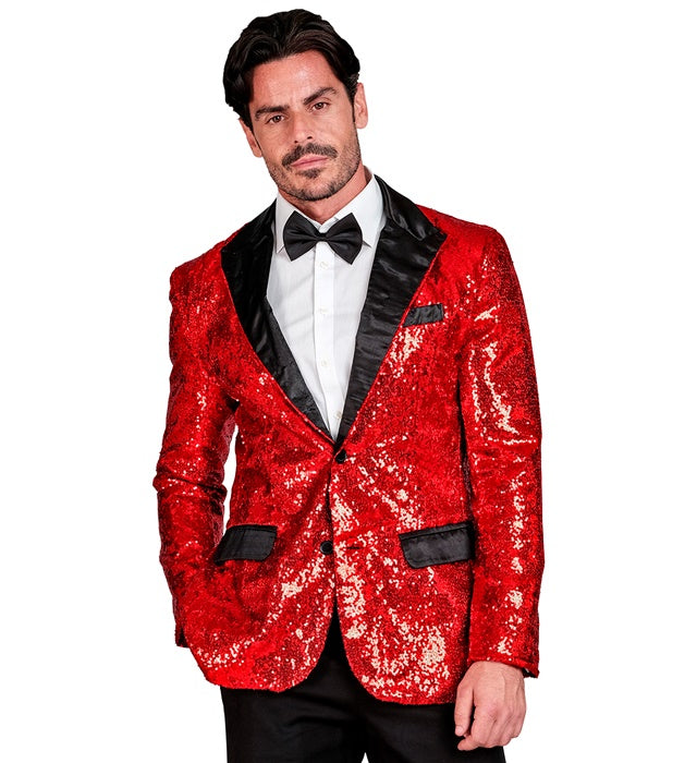 Rotes Pailletten-Jackett mit Satinkragen und Taschen auf weißem Hintergrund