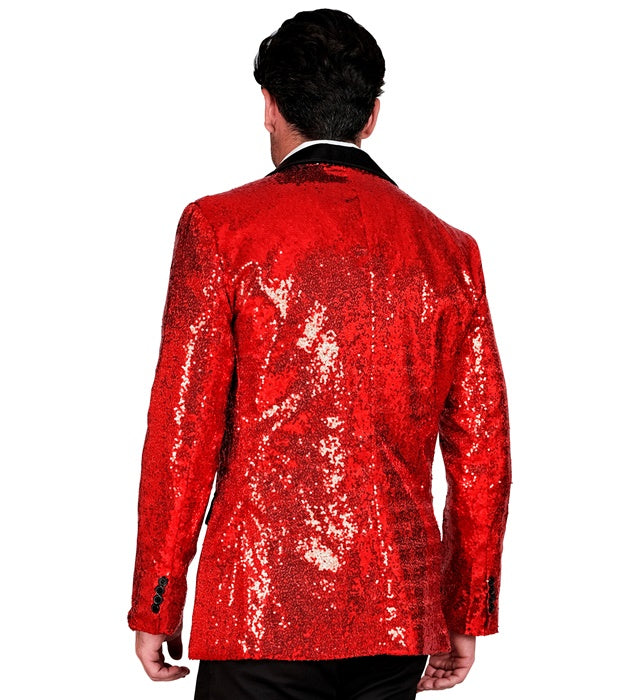Rotes Pailletten-Jackett mit Satinkragen und Taschen auf weißem Hintergrund