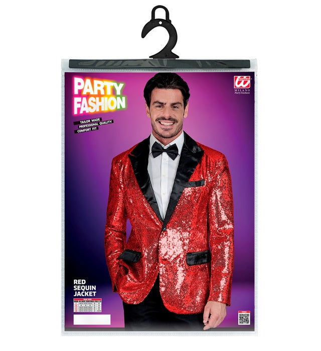 Rotes Pailletten-Jackett mit Satinkragen und Taschen auf weißem Hintergrund