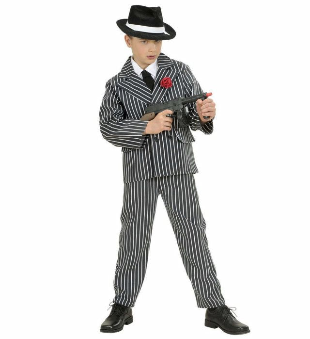 Gangster Kostüm Set mit Hemd, Krawatte, Jacke und Hose auf weißem Hintergrund