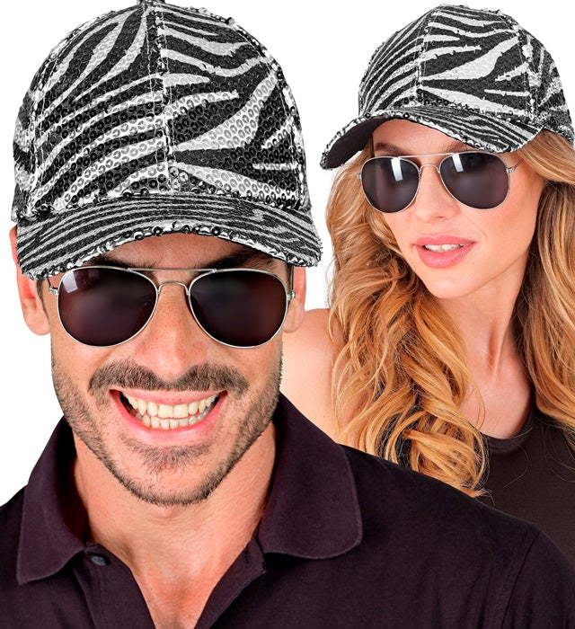 Pailletten Basecap mit Zebramuster glitzerndes Kostümzubehör für Fasnacht