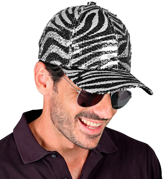 Pailletten Basecap mit Zebramuster glitzerndes Kostümzubehör für Fasnacht