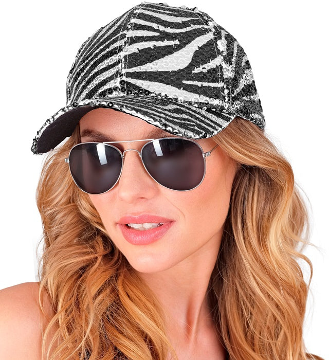 Pailletten Basecap mit Zebramuster glitzerndes Kostümzubehör für Fasnacht