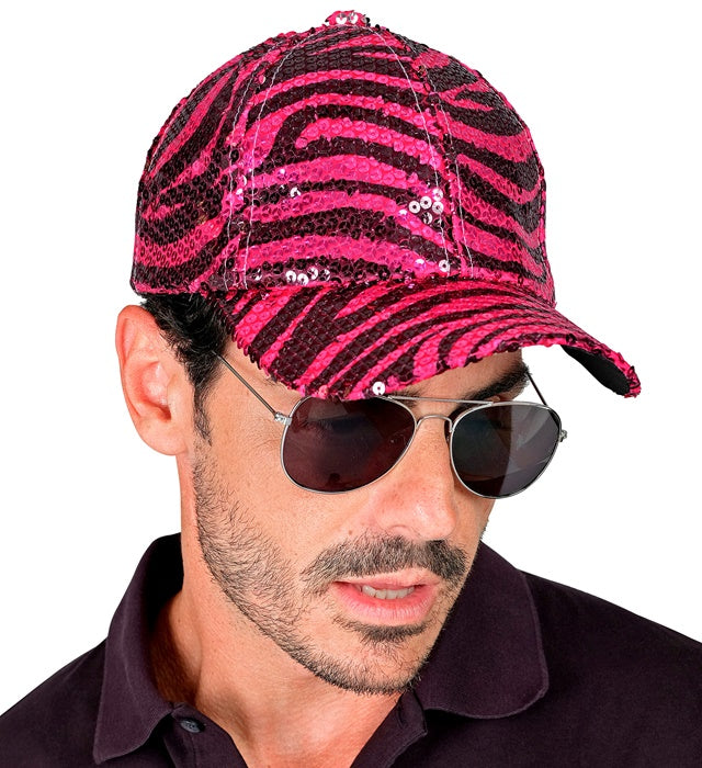Pink glitzernde Basecap mit Zebramuster aus Pailletten