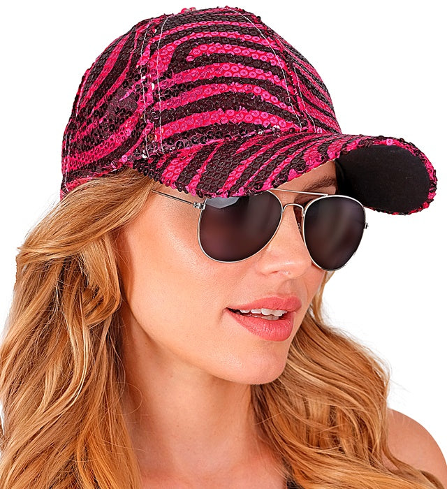 Pink glitzernde Basecap mit Zebramuster aus Pailletten