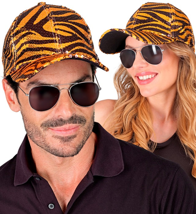 Pailletten Basecap mit Tigermuster in Gold- und Schwarztönen