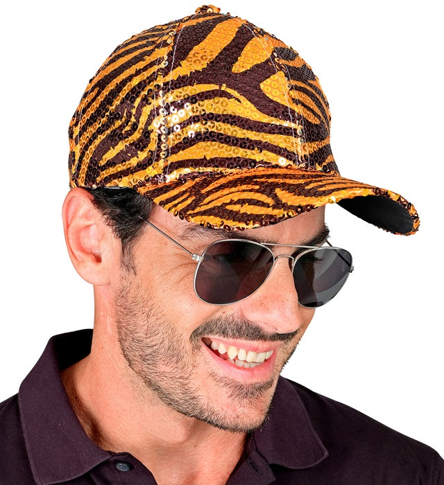 Pailletten Basecap mit Tigermuster in Gold- und Schwarztönen