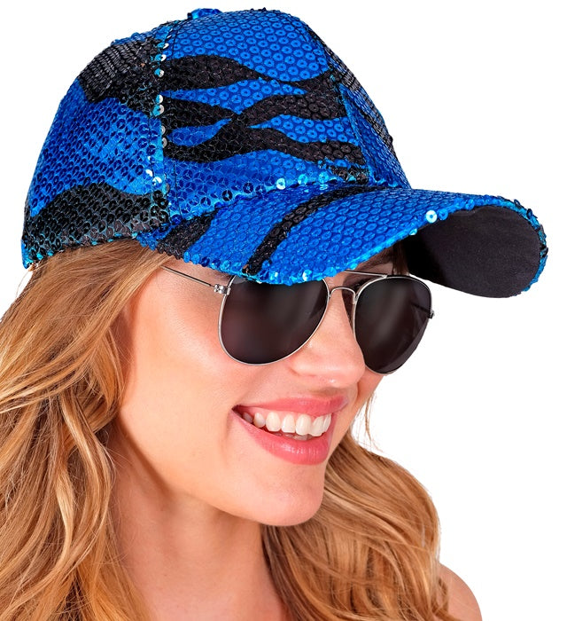 Pailletten-Basecap in blauem Wellenmuster für Fasnacht und Karneval