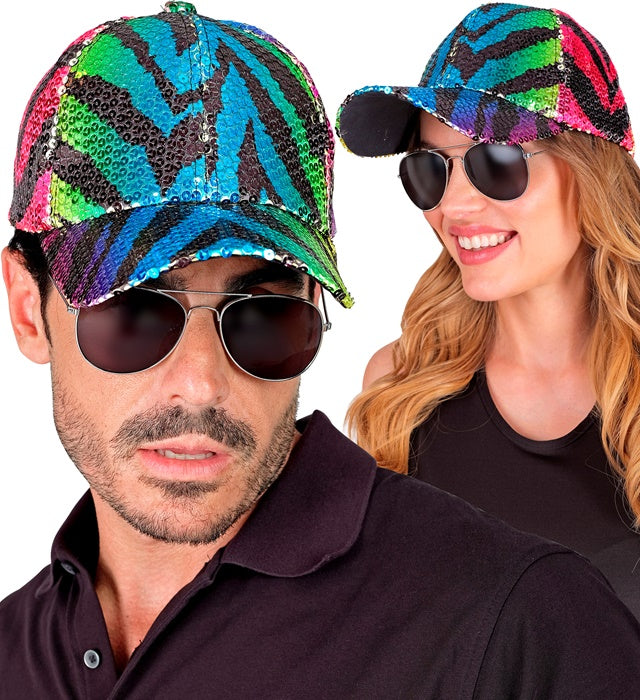 Bunte Pailletten Basecap im Tigermuster mit Regenbogeneffekt