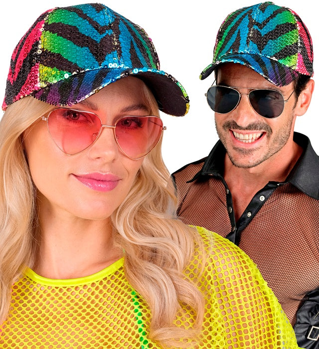 Bunte Pailletten Basecap im Tigermuster mit Regenbogeneffekt