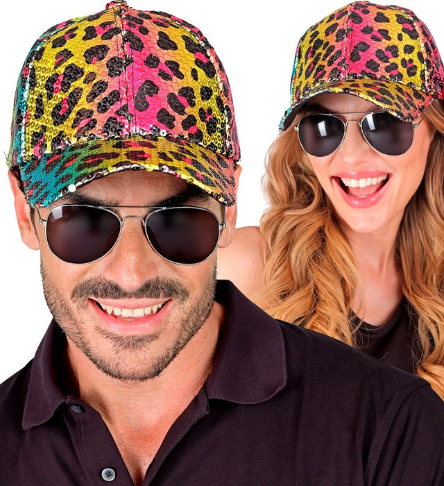 Pailletten Basecap im Leopardenmuster mit Regenbogeneffekt