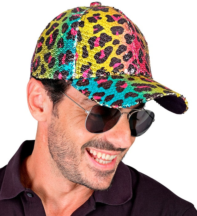 Pailletten Basecap im Leopardenmuster mit Regenbogeneffekt