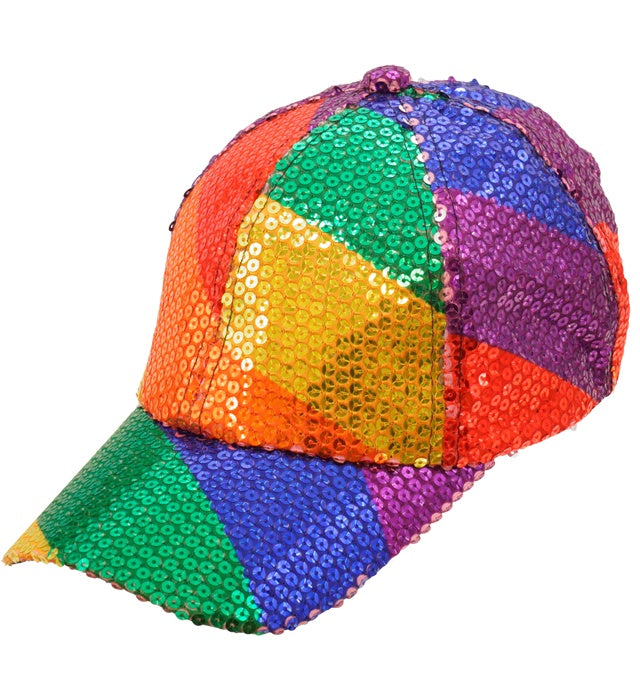 Pailletten Basecap mit schillerndem Regenbogen-Muster auf schwarzem Hintergrund