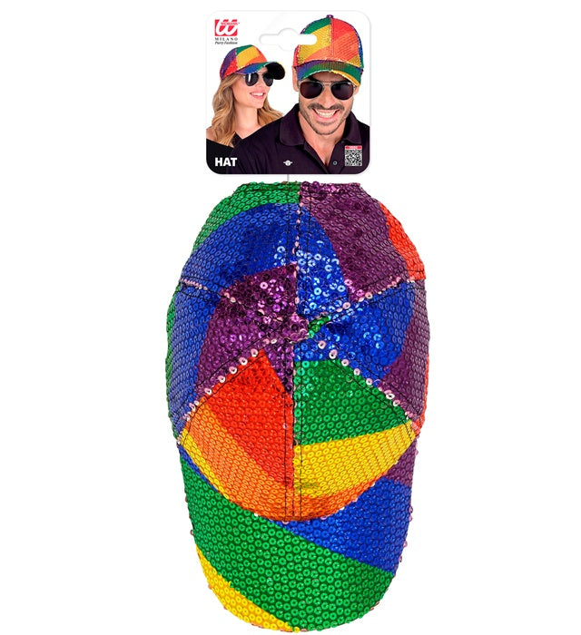 Pailletten Basecap mit schillerndem Regenbogen-Muster auf schwarzem Hintergrund