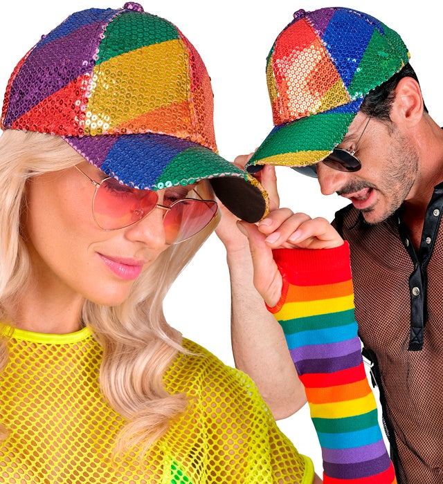 Pailletten Basecap mit schillerndem Regenbogen-Muster auf schwarzem Hintergrund