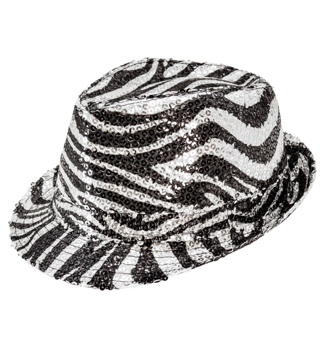 Pailletten Fedora Hut im Zebramuster für Fasnacht und Mottoparty