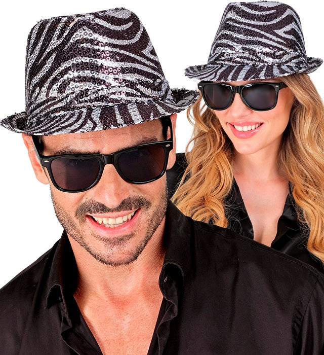 Pailletten Fedora Hut im Zebramuster für Fasnacht und Mottoparty