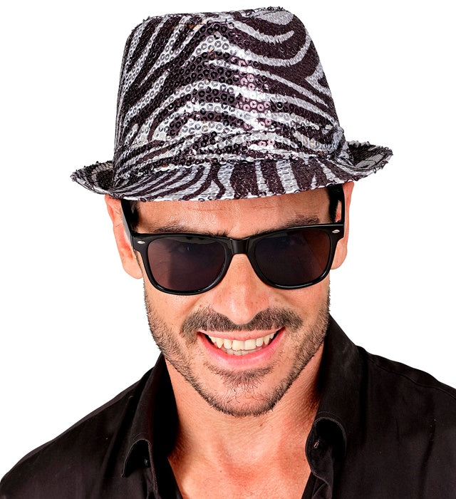 Pailletten Fedora Hut im Zebramuster für Fasnacht und Mottoparty