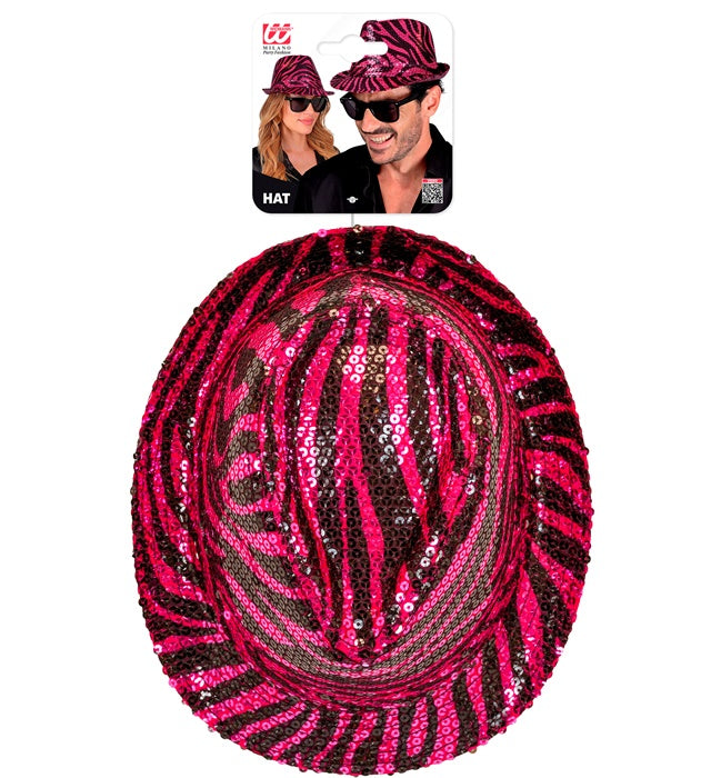 Pailletten Fedora Hut im Zebramuster Pink