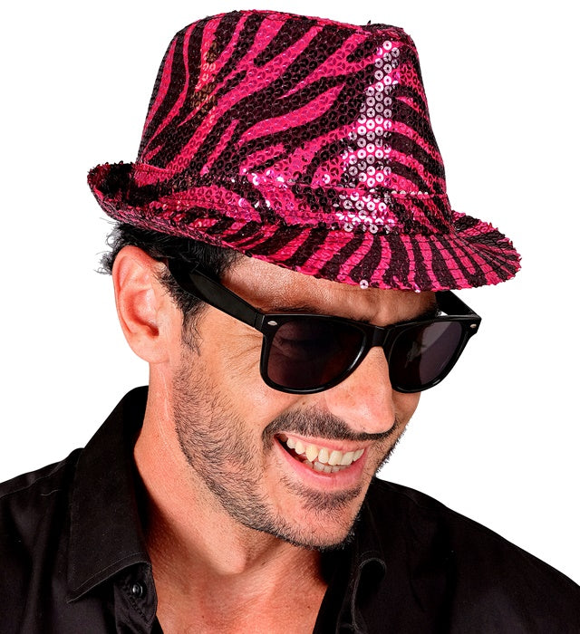 Pailletten Fedora Hut im Zebramuster Pink