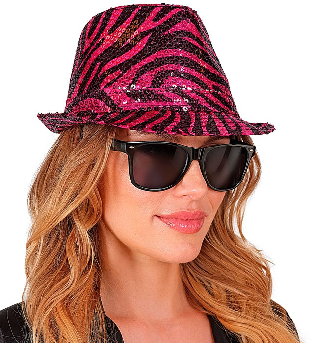 Pailletten Fedora Hut im Zebramuster Pink