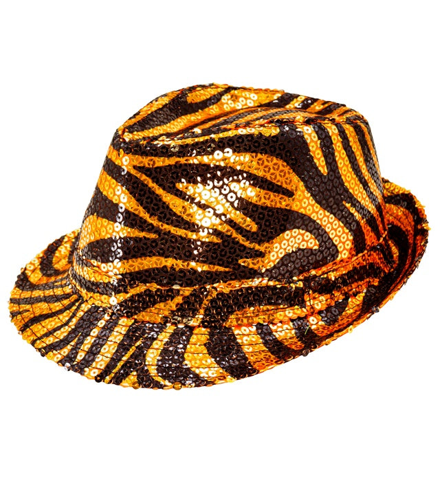 Pailletten Fedora Hut mit auffälligem Tigermuster in Braun- und Orangetönen