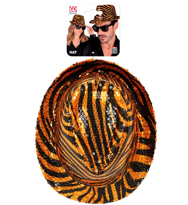 Pailletten Fedora Hut mit auffälligem Tigermuster in Braun- und Orangetönen